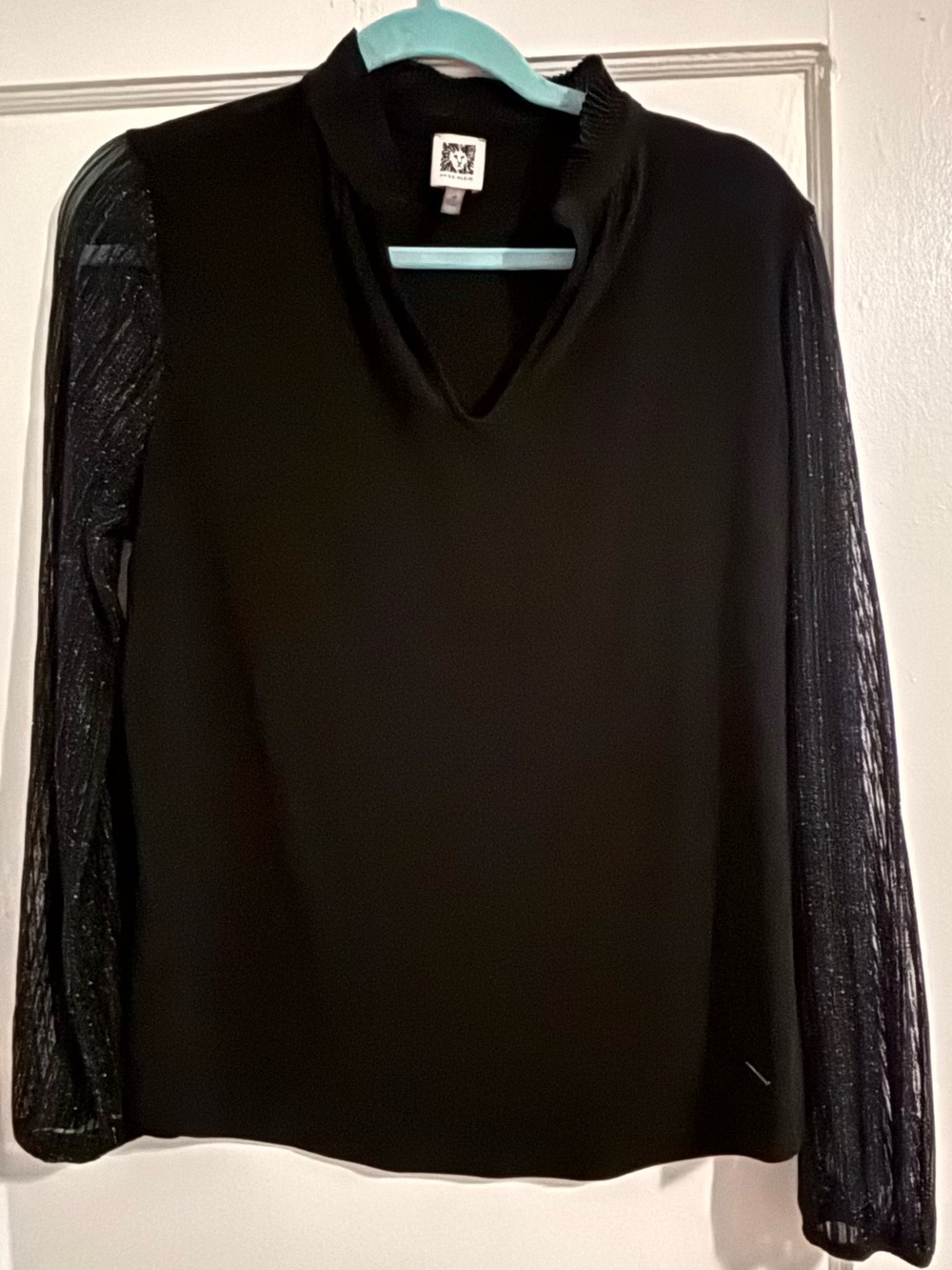 Anne Klein Black Long Sleeve V-Neck Top with Sheer Sparkle Sleeves